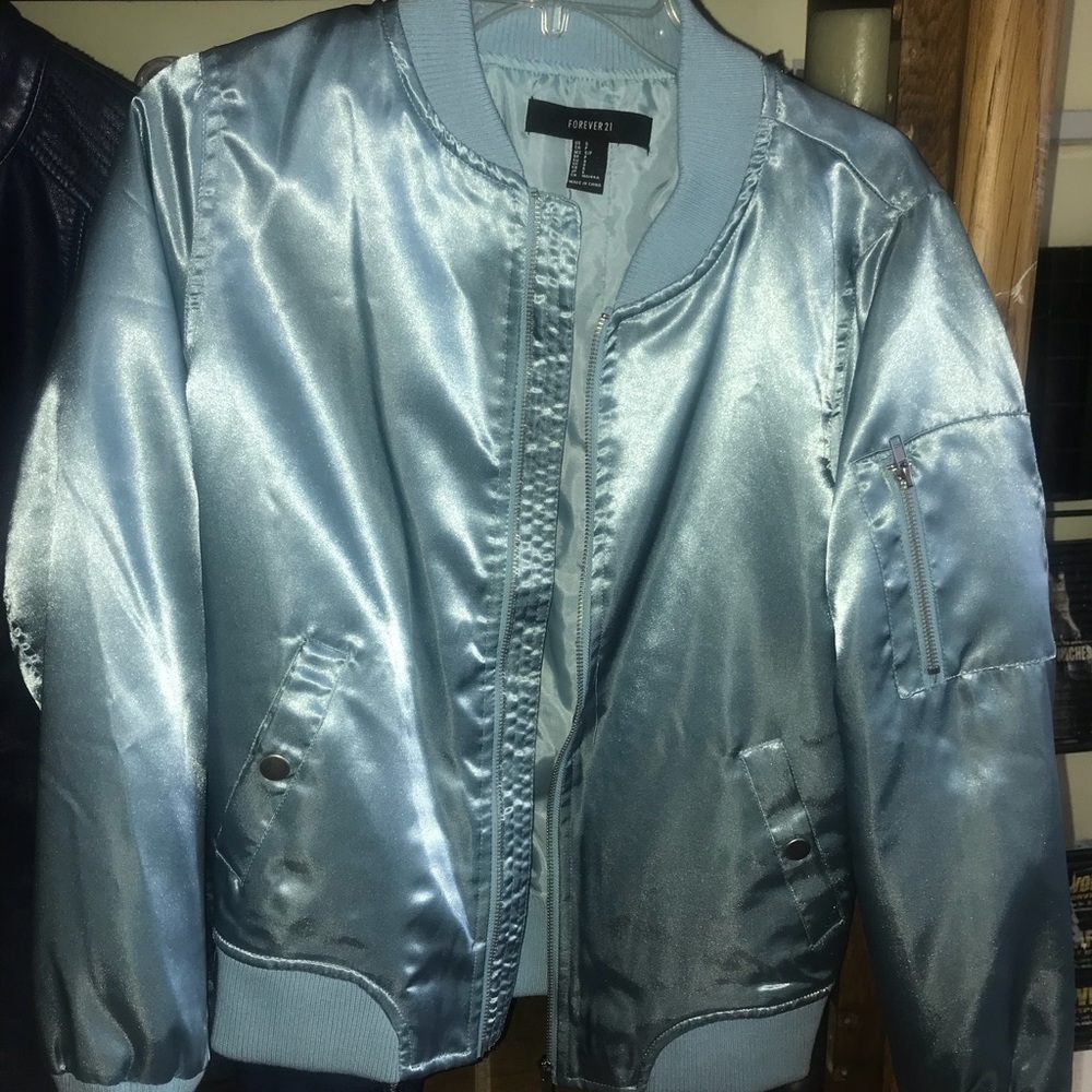 Forever 21 blue satin bomber jacket